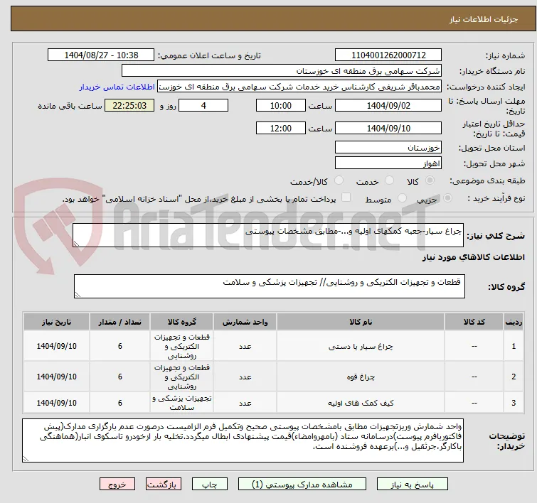 چراغ سیار-جعبه کمکهای اولیه و...-مطابق مشخصات پیوستی