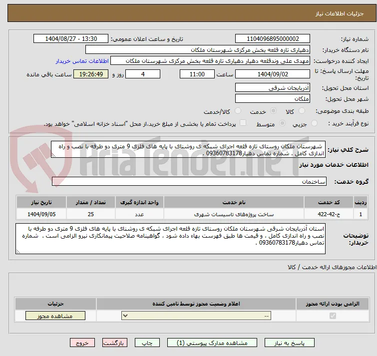  شهرستان ملکان روستای تازه قلعه اجرای شبکه ی روشنای با پایه های فلزی 9 متری دو طرفه با نصب و راه اندازی کامل . شماره تماس دهیار09360783178 .