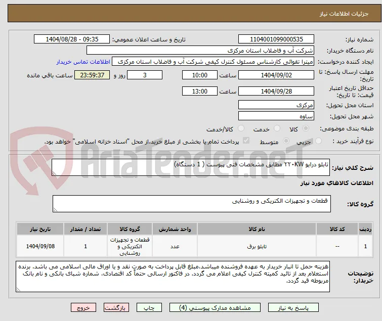 تابلو درایو ۲۲۰KW مطابق مشخصات فنی پیوست ( 1 دستگاه)