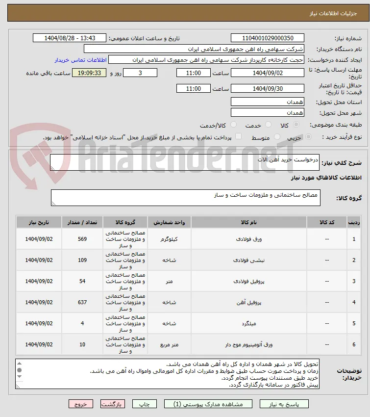 درخواست خرید آهن آلات