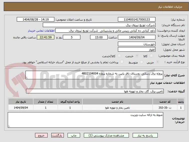 پروژه برق رسانی روستای نافر پایین به شماره پروژه 4802104004 