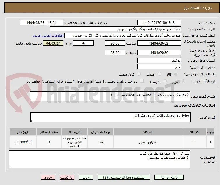 اقلام یدکی ترانس توانا  (  مطابق مشخصات پیوست  ) 
