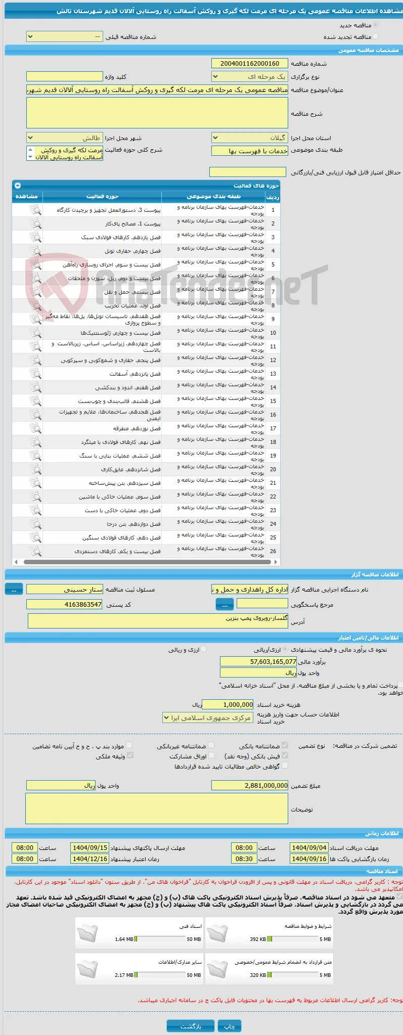 مناقصه عمومی یک مرحله ای مرمت لکه گیری و روکش آسفالت راه روستایی آلالان قدیم شهرستان تالش