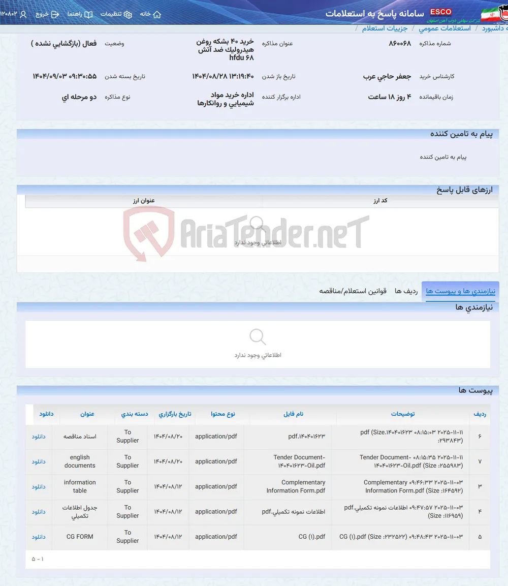 خرید 40 بشکه روغن هیدرولیک ضد آتش hfdu 68