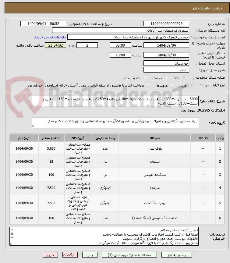 5000 عدد بلوک=300کیسه سیمان خاکستری=100تن ماسه=150کیسه سیمان سفید=150کیسه پودر سنگ=100تن سنگ لاشه