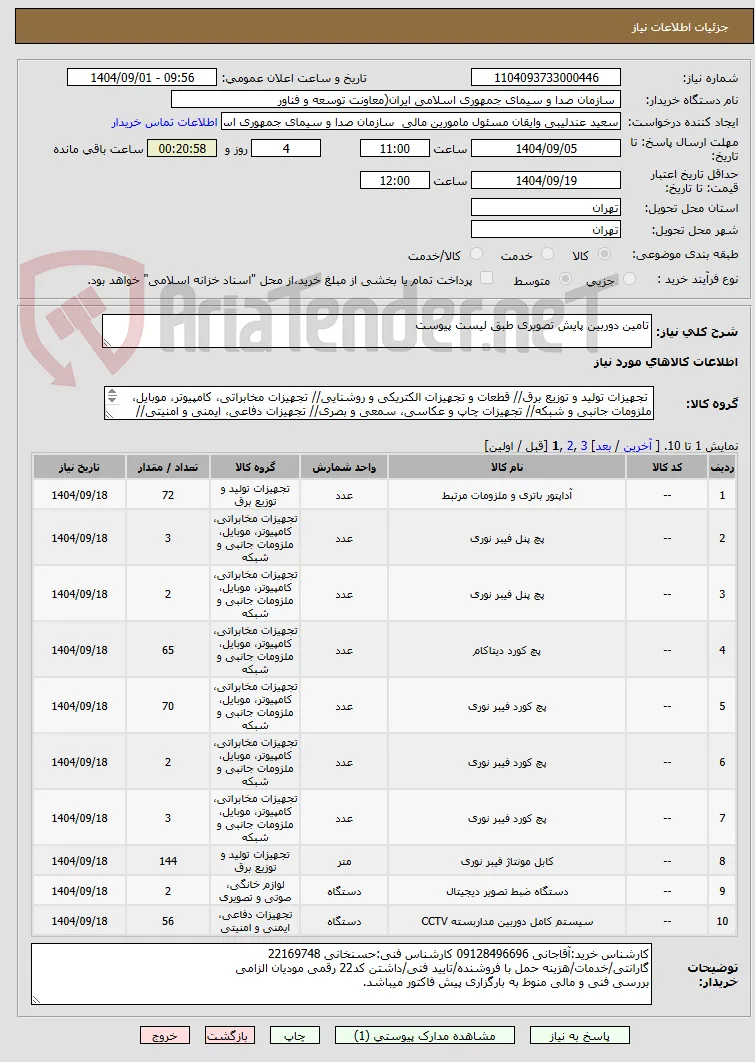 تامین دوربین پایش تصویری طبق لیست پیوست