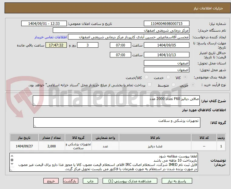 صافی دیالیز F60 تعداد 2000 عدد