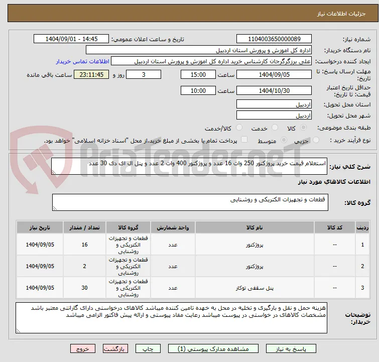 استعلام قیمت خرید پروژکتور 250 وات 16 عدد و پروژکتور 400 وات 2 عدد و پنل ال ای دی 30 عدد 
