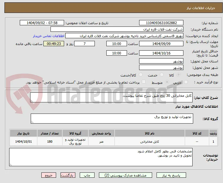 کابل مخابراتی 30 زوج طبق شرح تقاضا پیوست.