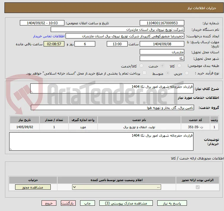قرارداد حفرچاله شهری امور برق نکا 1404