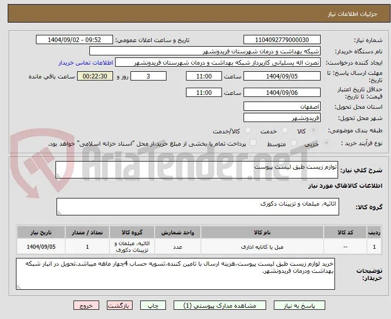توازم زیست طبق لیست پیوست