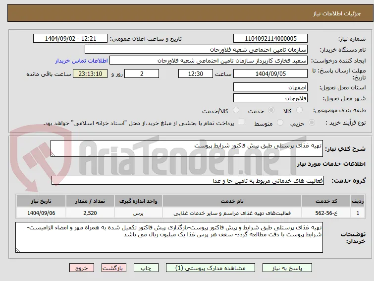 تهیه غذای پرسنلی طبق پیش فاکتور شرایط پیوست