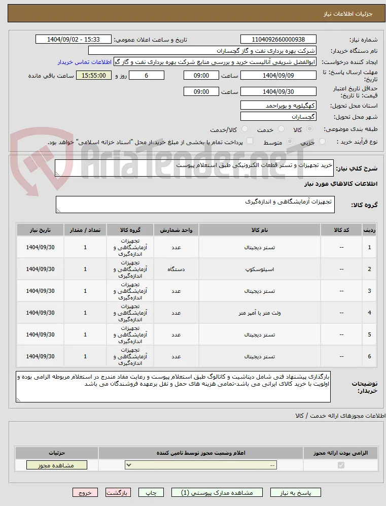 خرید تجهیزات و تستر قطعات الکترونیکی طبق استعلام پیوست
