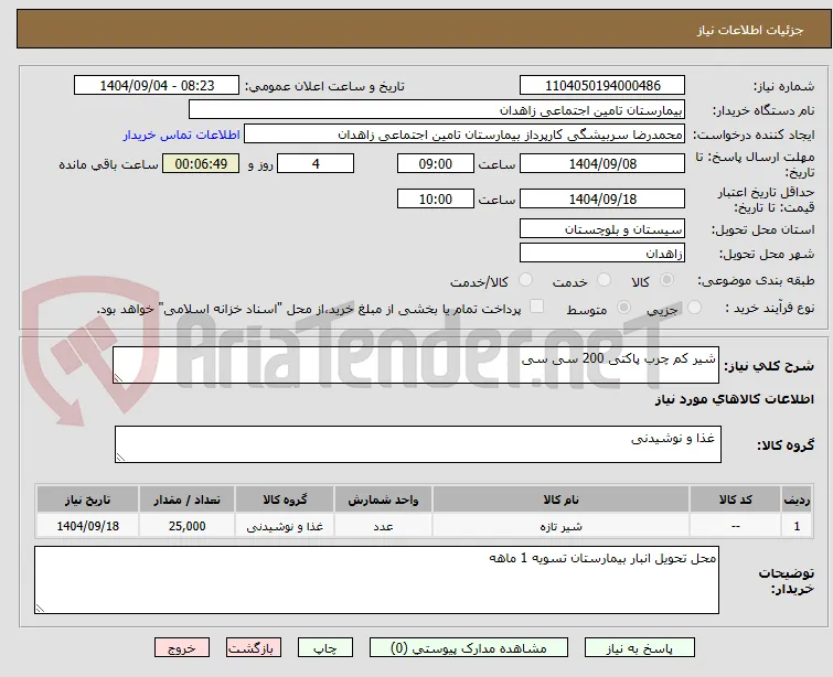 شیر کم چرب پاکتی 200 سی سی 