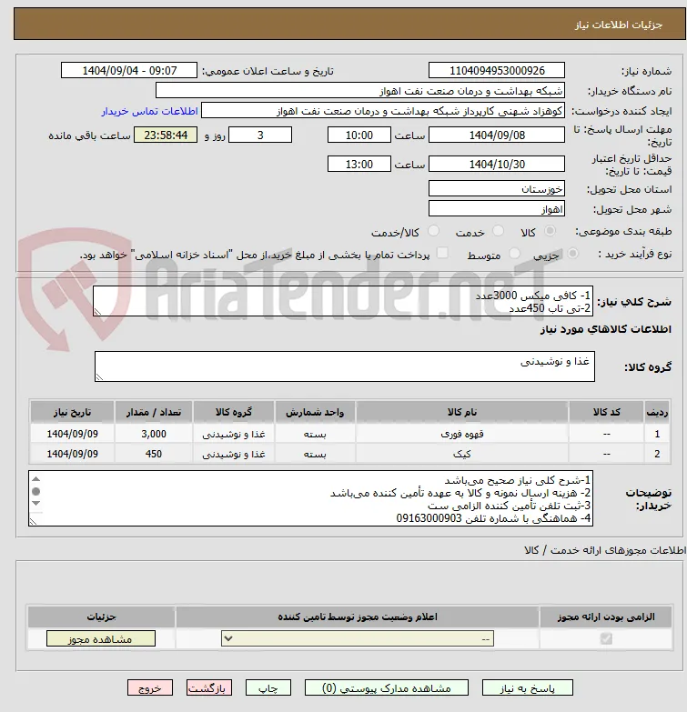 1- کافی میکس 3000عدد
2-تی تاب 450عدد