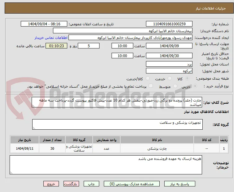 چارت (جلد) پرونده دو برگی زرد-صورتی-بنفش هر کدام 10 عدد-پیش فاکتور پیوست گردد-پرداخت سه ماهه میباشد