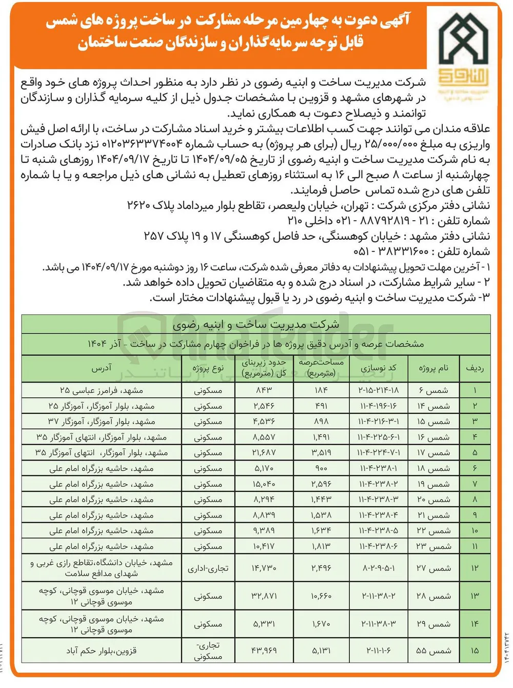 مشارکت در ساخت پروژه شمس 18 با کاربری مسکونی