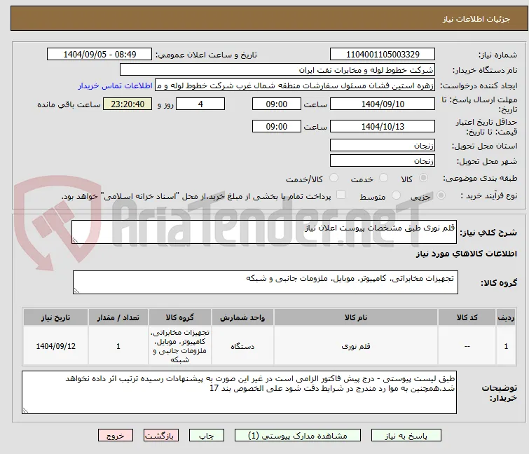 قلم نوری طبق مشخصات پیوست اعلان نیاز