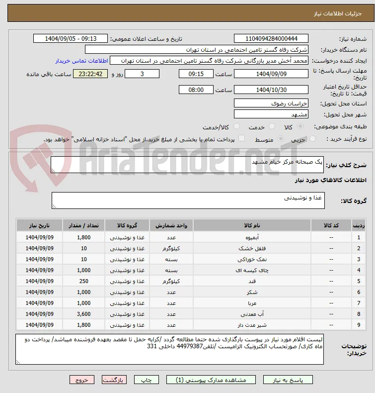 پک صبحانه مرکز خیام مشهد