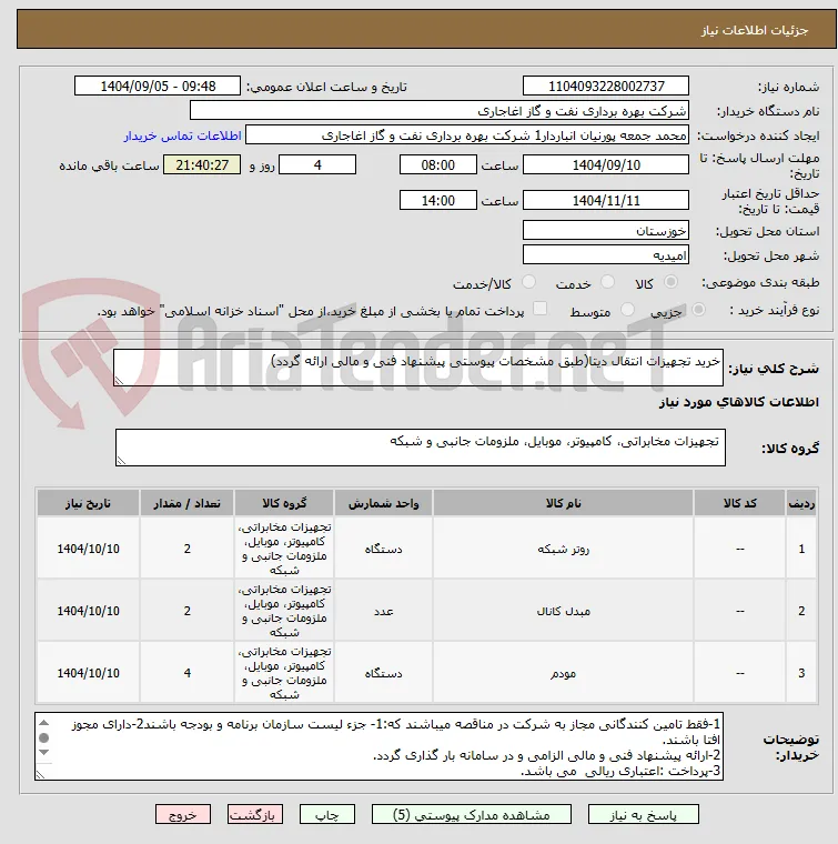 خرید تجهیزات انتقال دیتا(طبق مشخصات پیوستی پیشنهاد فنی و مالی ارائه گردد)