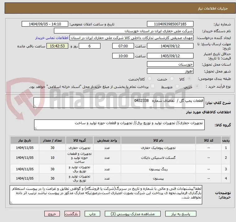 قطعات پمپ گل /  تقاضای شماره   0432338