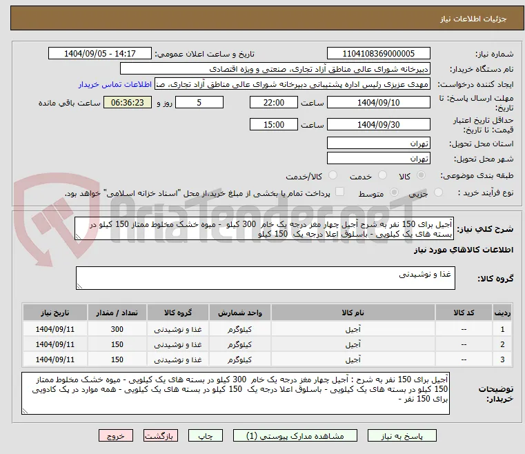 آجیل برای 150 نفر به شرح آجیل چهار مغز درجه یک خام  300 کیلو  - میوه خشک مخلوط ممتاز 150 کیلو در بسته های یک کیلویی - باسلوق اعلا درجه یک  150 کیلو 