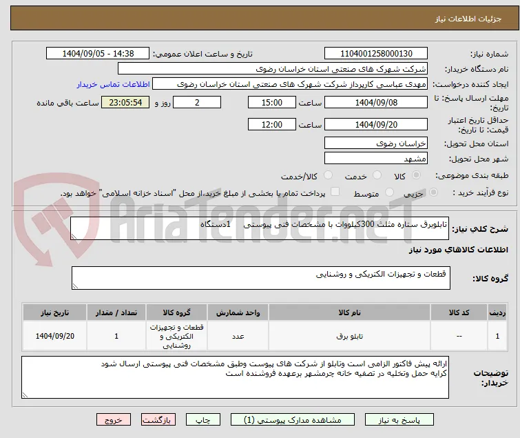 تابلوبرق ستاره مثلث 300کیلووات با مشخصات فنی پیوستی     1دستگاه 