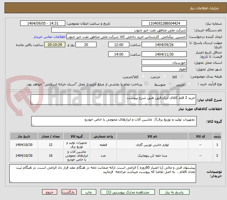 خرید 2 قلم کالای ابزاردقیق طبق شرح پیوست