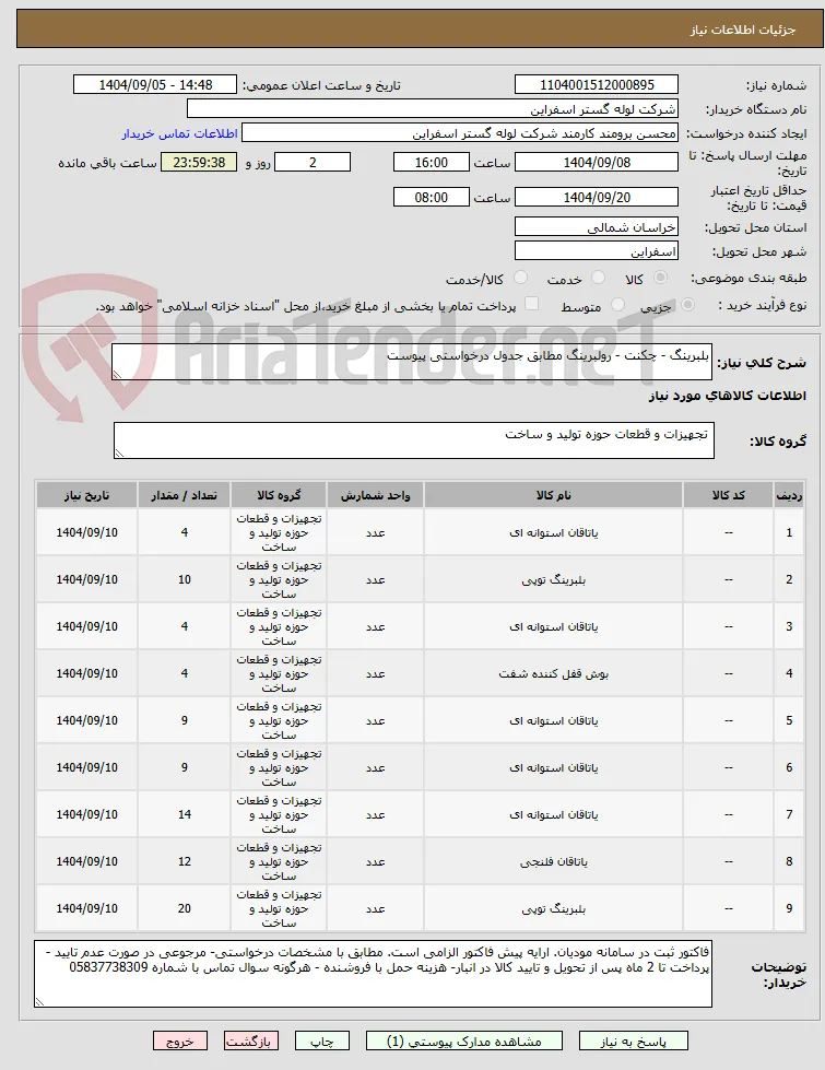 بلبرینگ - چکنت - رولبرینگ مطابق جدول درخواستی پیوست
