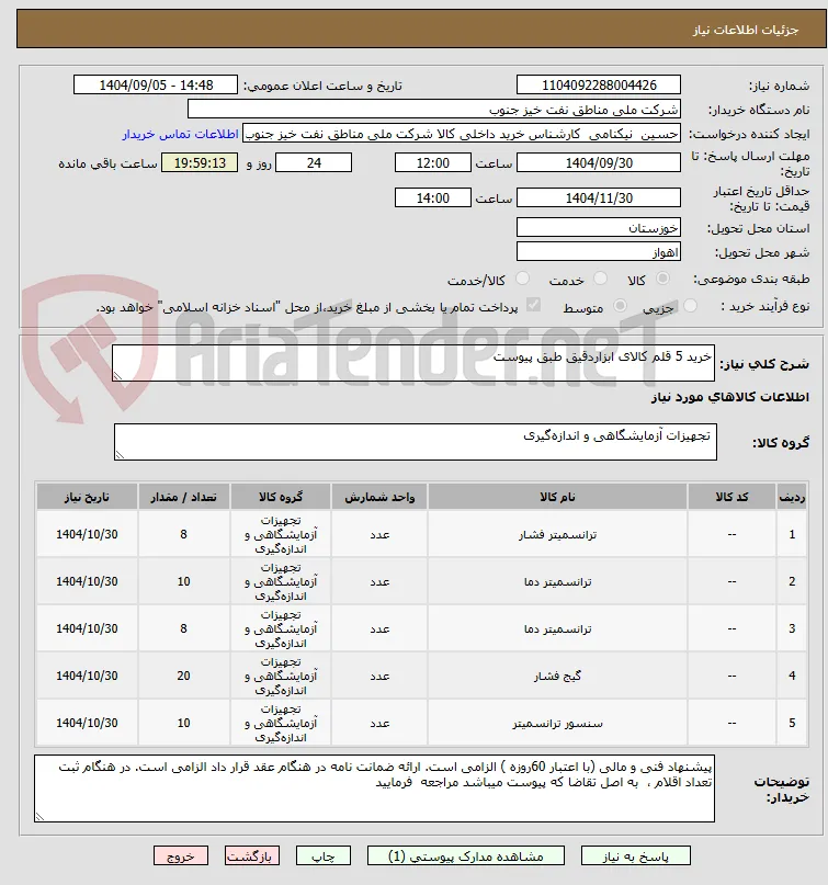 خرید 5 قلم کالای ابزاردقیق طبق پیوست