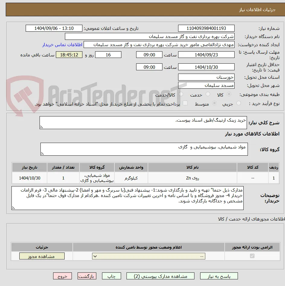 خرید زینک ارتینگ/طبق اسناد پیوست.