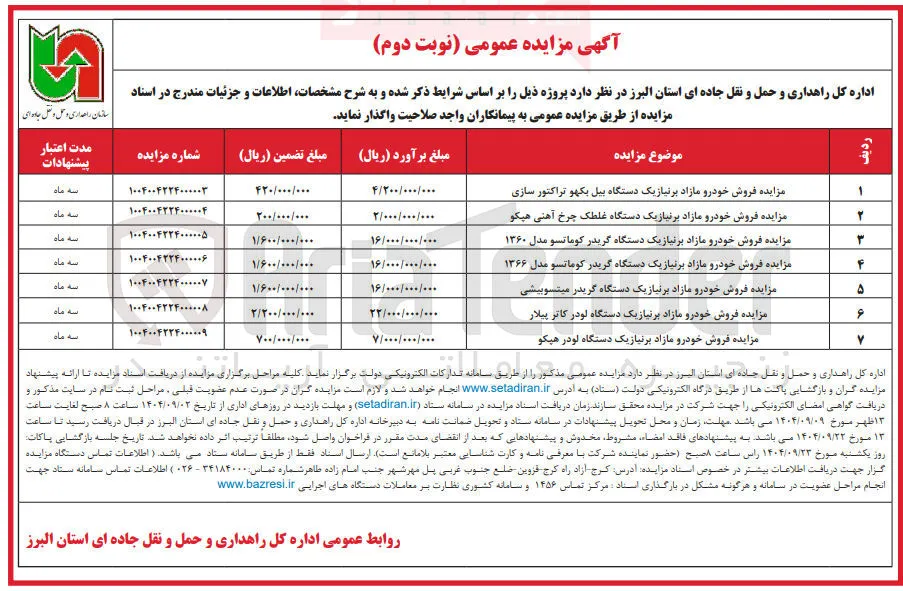 مزایده فروش خودرو مازاد بر نیاز یک دستگاه لودر کاتر پیلار 
