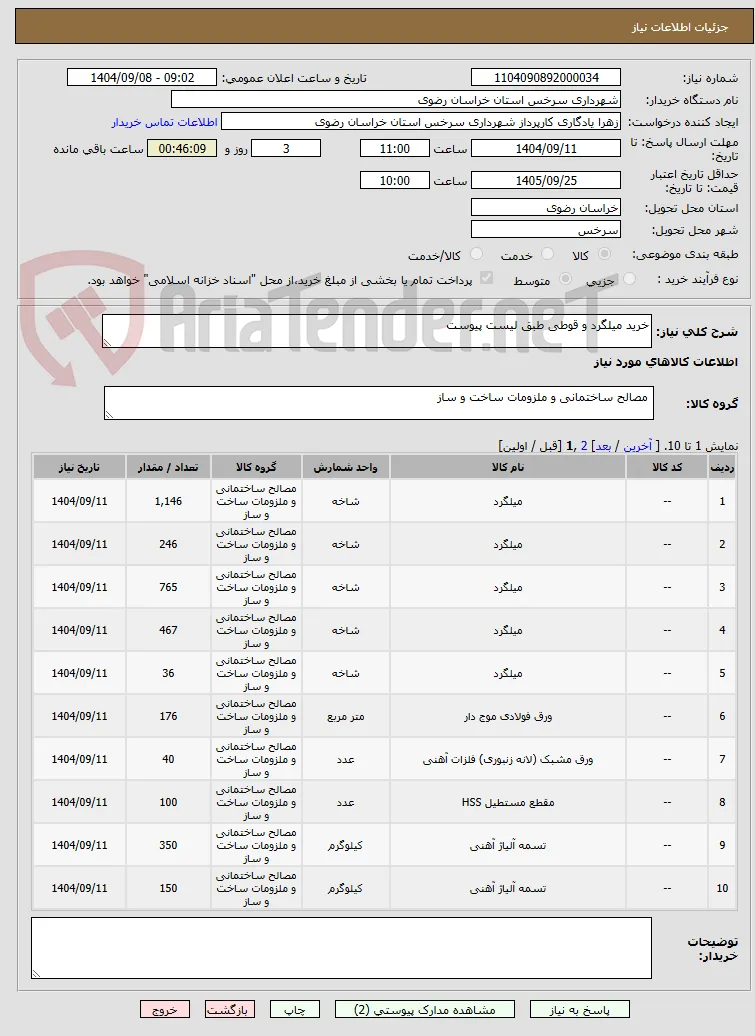 خرید میلگرد و قوطی طبق لیست پیوست 