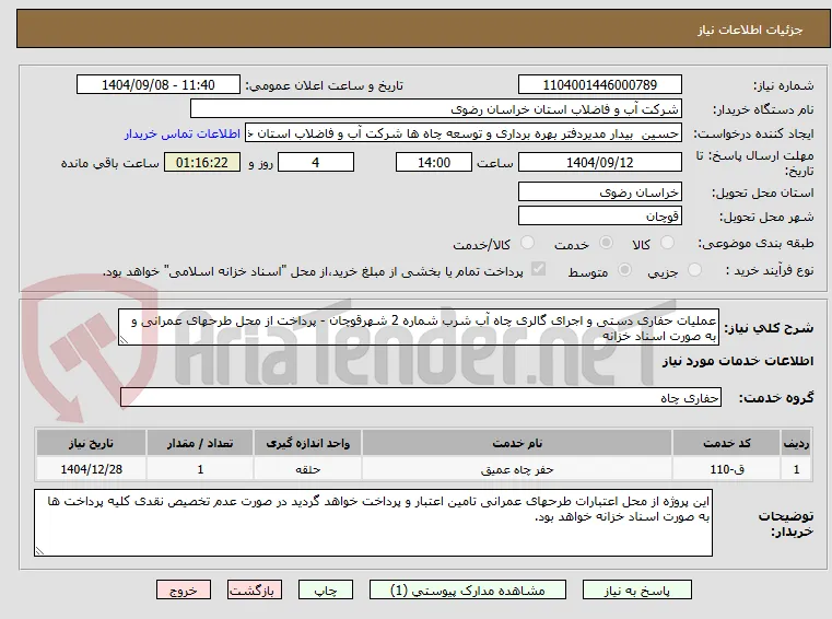 عملیات حفاری دستی و اجرای گالری چاه آب شرب شماره 2 شهرقوچان - پرداخت از محل طرحهای عمرانی و به صورت اسناد خزانه