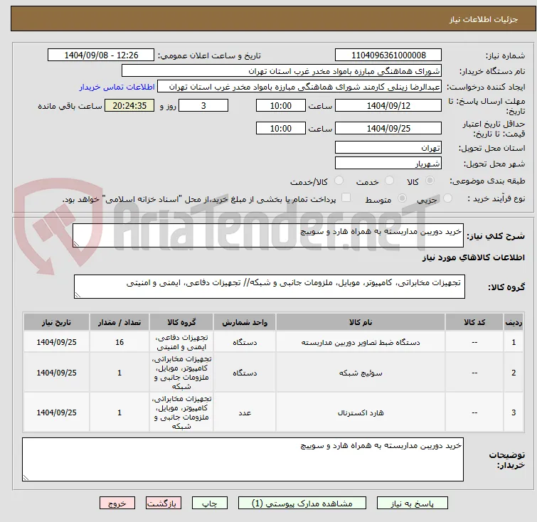 خرید دوریبن مداربسته به همراه هارد و سوییچ
