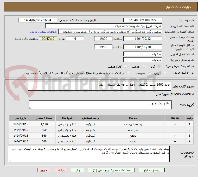 خرید 1400 بسته 2 کیلوئی آجیل درجه یک امسالی  یلدا 
