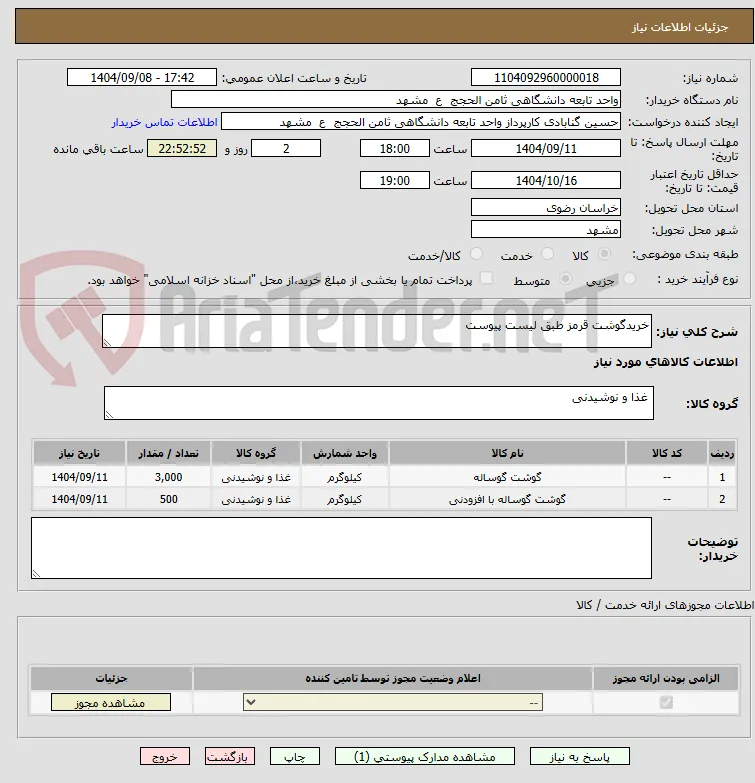 خریدگوشت قرمز طبق لیست پیوست