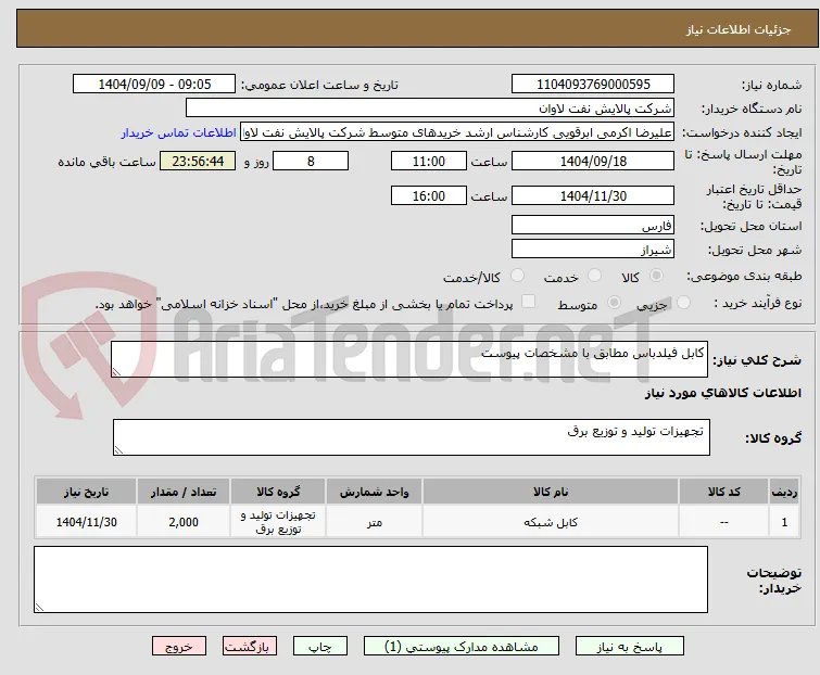 کابل فیلدباس مطابق با مشخصات پیوست