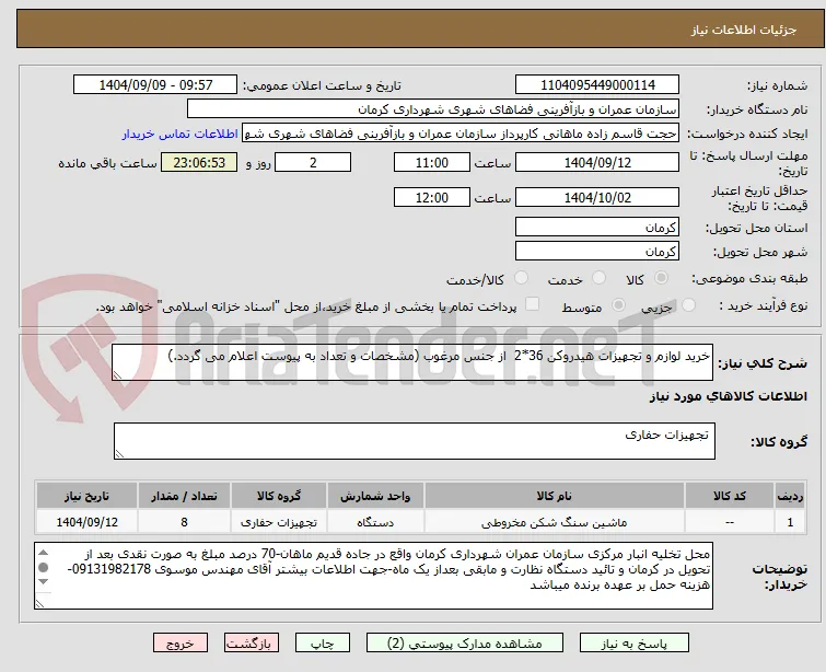 خرید لوازم و تجهیزات هیدروکن 36*2  از جنس مرغوب (مشخصات و تعداد به پیوست اعلام می گردد.)