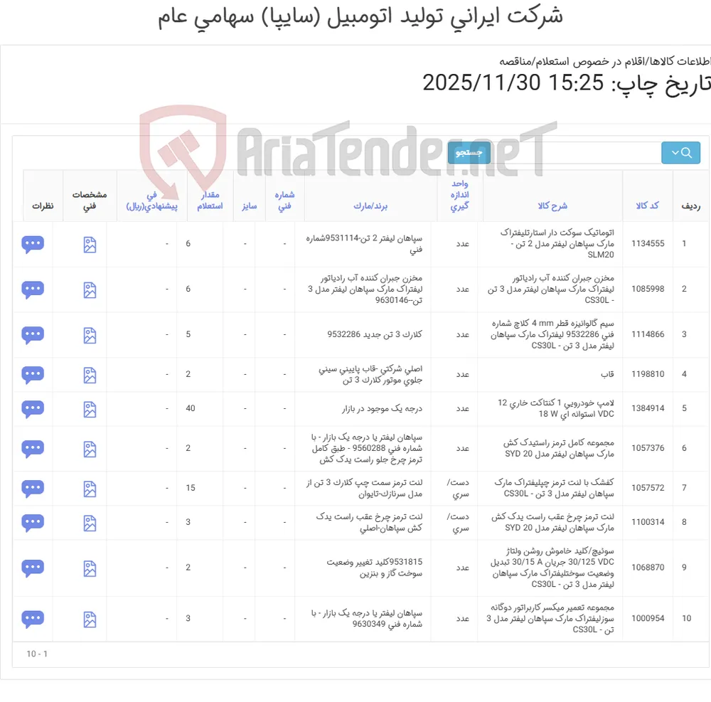 10 ردیف اقلام یدکی لیفتراک سپاهان لیفتر