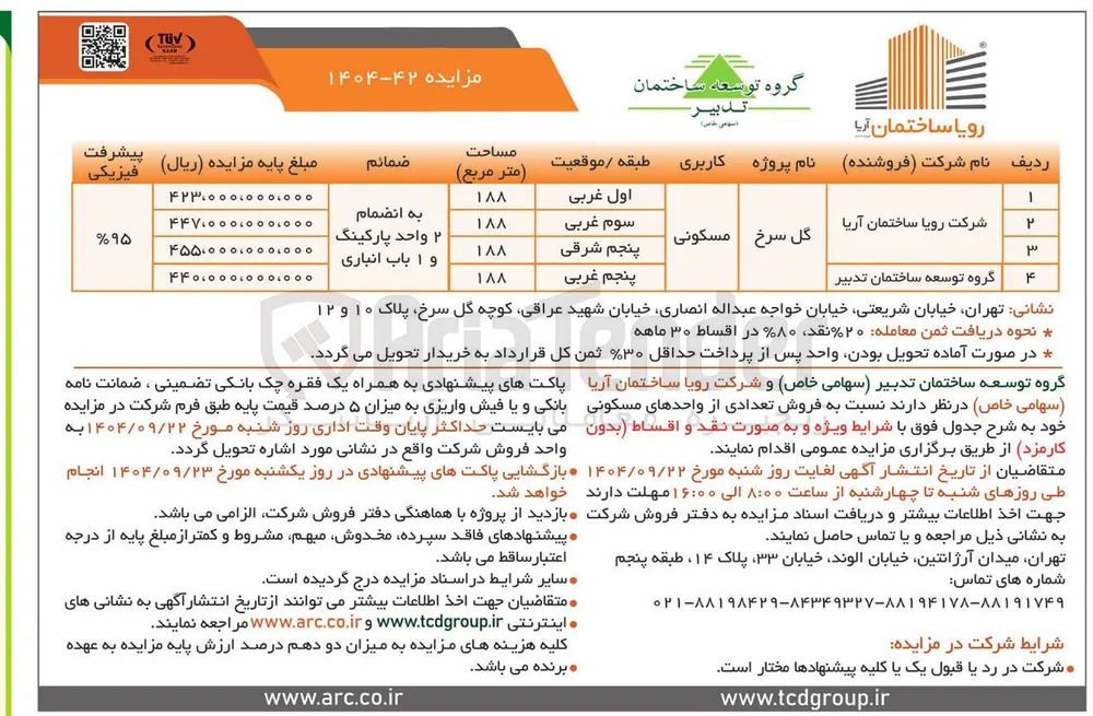  فروش تعدادی از واحدهای مسکونی