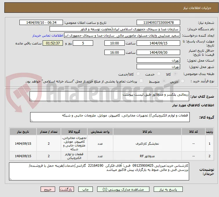 ریمالتی پلکسر و مدولاتور طبق لیست پیوست 
