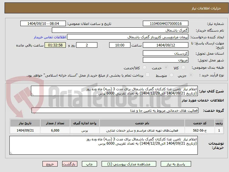 اعلام نیاز  تامین غذا کارکنان گمرک باشماق برای مدت 3 (سه) ماه وده روز 
(ازتاریخ 1404/09/21 الی1404/12/29) به تعداد تقریبی 6000 پرس
