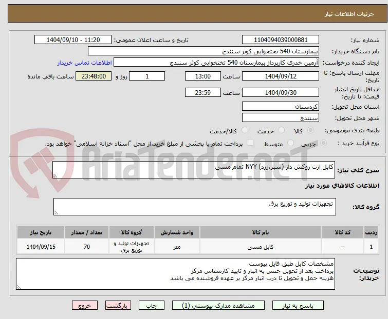 کابل ارت روکش دار (سبز،زرد) NYY تمام مسی 