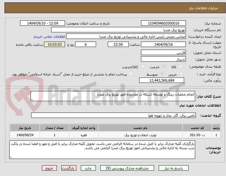 انجام عملیات رینگ و توسعه شبکه در محدوده امور توزیع برق صدرا
