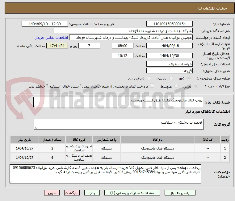 پروپ فتال مانیتورینگ دقیقا طبق لیست پیوست