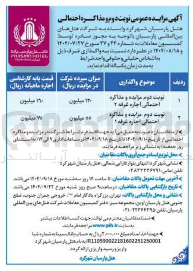 نوبت دوم مزایده و مذاکره احتمالی اجاره غرفه ۲ 
