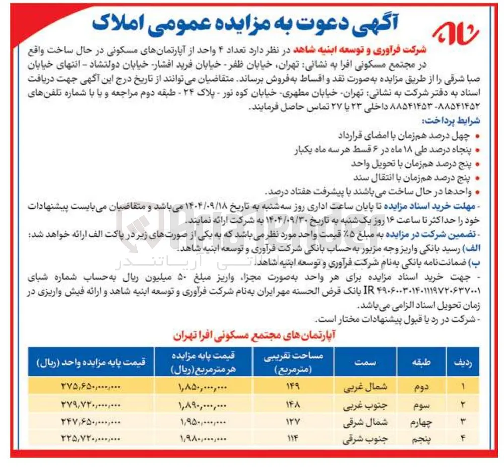  تعداد ۴ واحد از آپارتمانهای مسکونی
