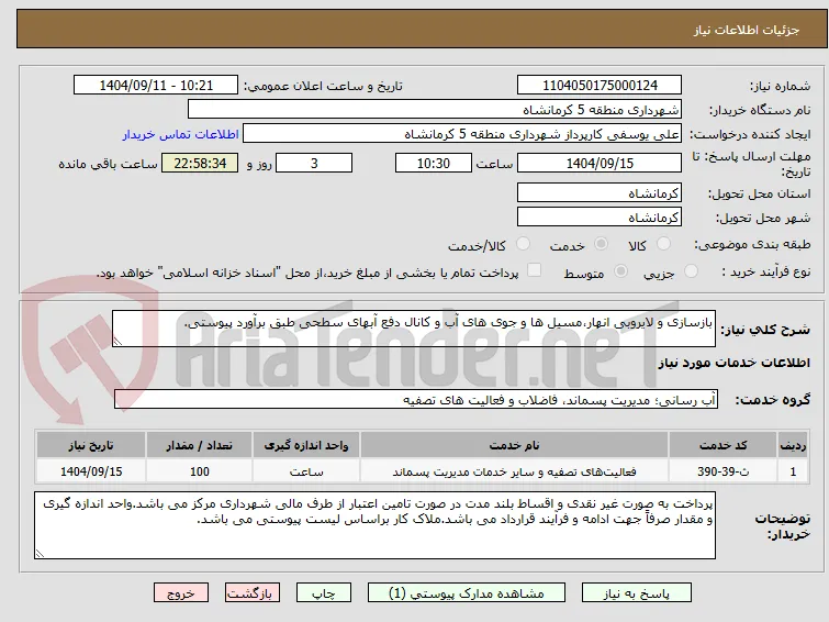 بازسازی و لایروبی انهار،مسیل ها و جوی های آب و کانال دفع آبهای سطحی طبق برآورد پیوستی.