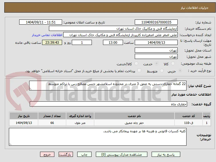 22 گمانه حفاری دستی به عمق 3 متری در محدوده اسلامشهر جنس مصالح رس با تراکم متوسط